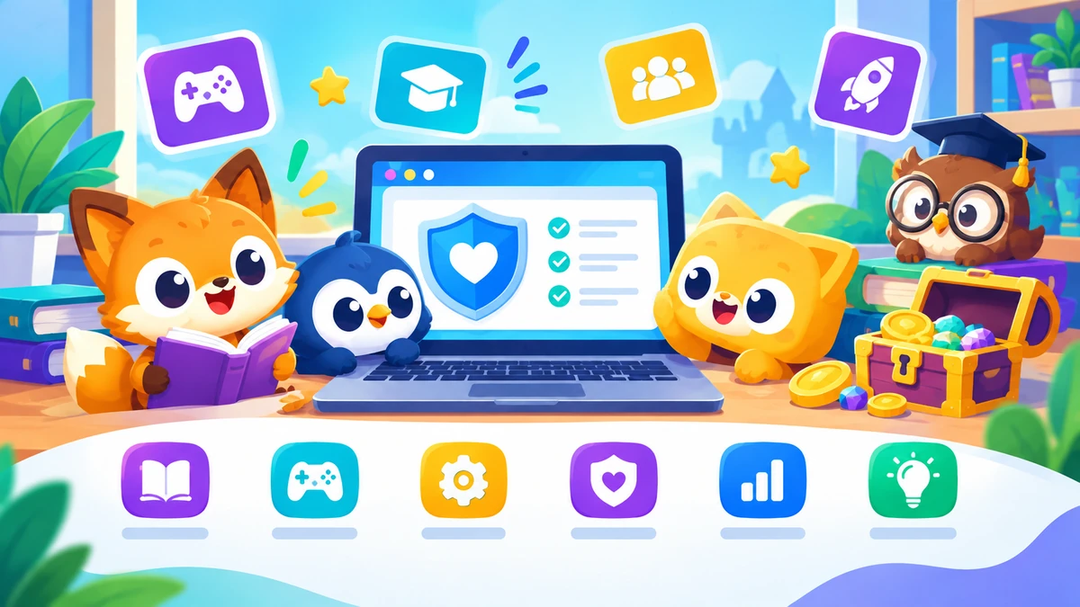 Cute original animal mascots gathered around a laptop showing a safety checklist — representing a safe, independent learning-games guide