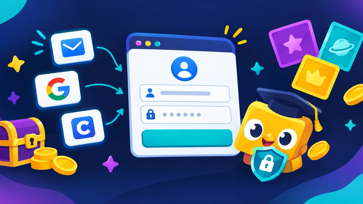 Blooket login screen illustration with a gold security shield above the sign-in options