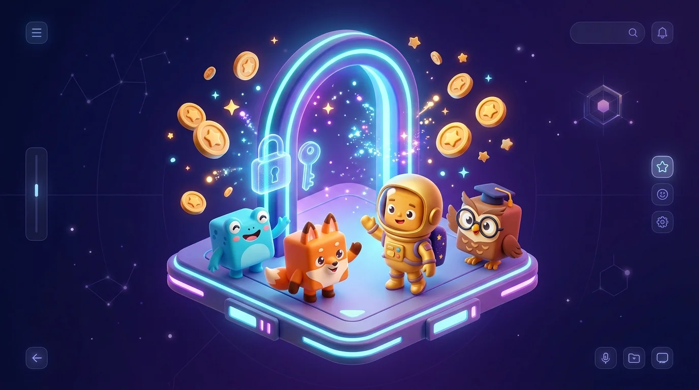 Illustration of five square mascot characters stepping through a glowing neon portal with coins, keys and a lock floating around it