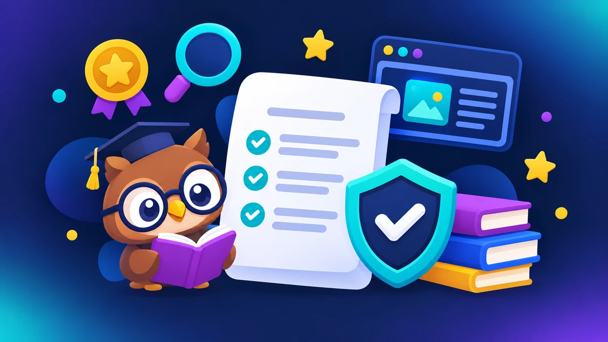 Graduate owl mascot reviewing a verified fact-check checklist beside a shield, books and a browser window